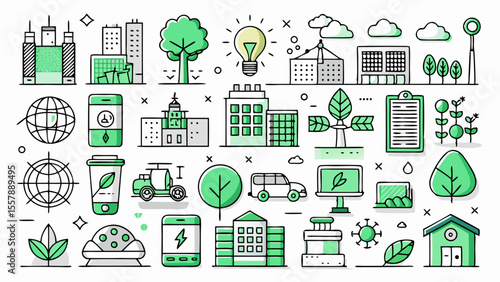 Collection of green eco friendly city icons and symbols isolated on white background