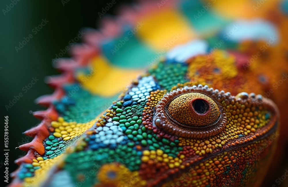 Fototapeta premium Chameleon skin texture. Close-up photo of reptile, multicolored scales, various shades. Vibrant colours generate abstract background. Eye detail with textured skin. AI generated digital art for