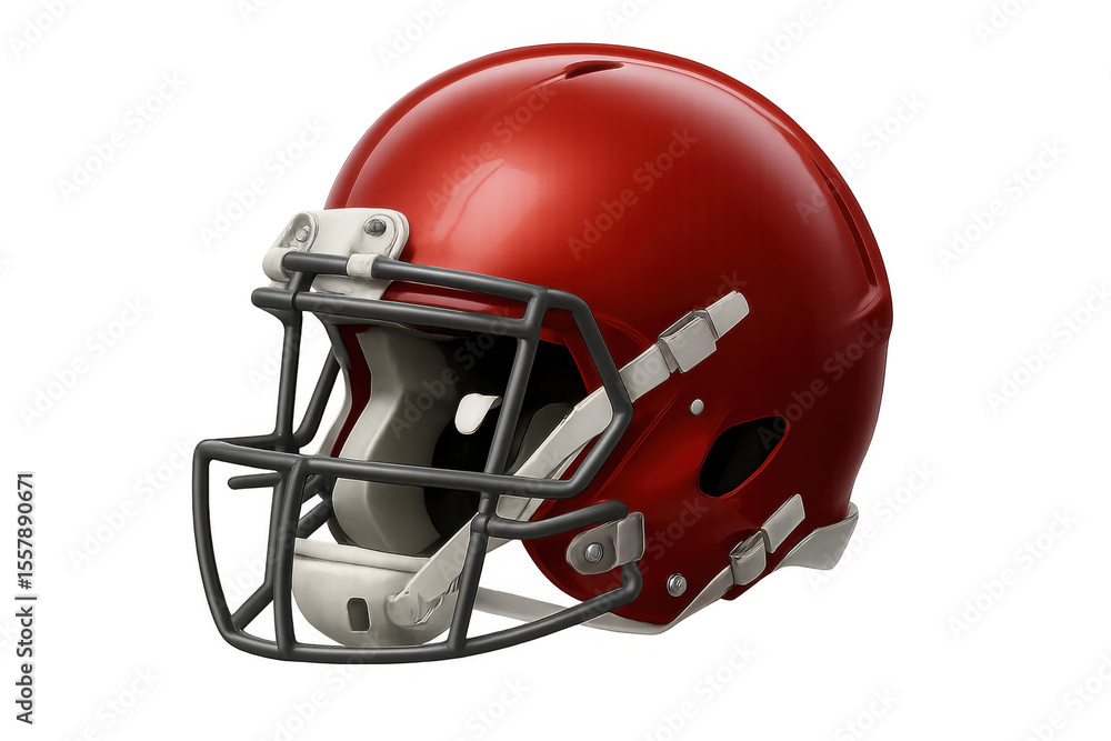 Fototapeta premium Red football helmet with face mask providing safety for players, isolated on transparent background