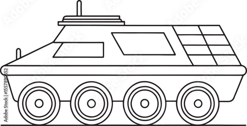 Futuristic six wheeled vehicle with antennas in cartoon outline for kids