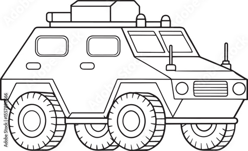 Armored transport vehicle line art for heavy defense equipment visuals