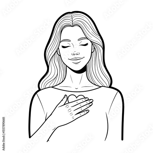 Woman placing a hand over her heart, symbolizing sincerity and emotional connection