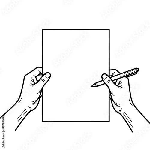 Hands holding a blank sheet of paper and a pen, ready for writing or drawing
