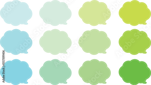 All the bubbles have a distinctive, rounded, cloud-like, or scalloped edge design. This vector image features twelve speech bubbles. Speech bubble with a white dashed line inside.