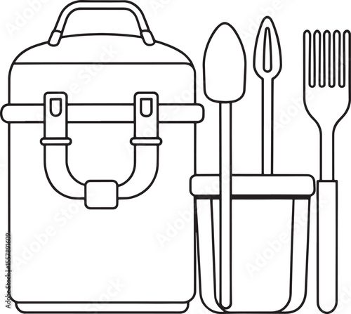 Military field ration packet in simple black and white line art style