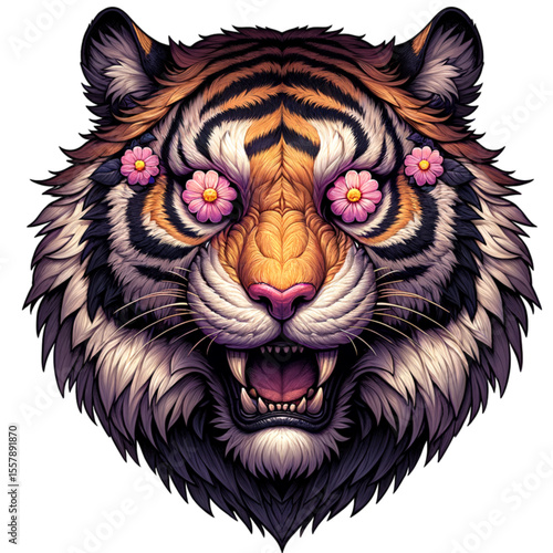 Artistic Floral Tiger Portrait: A vibrant, stylized tiger portrait featuring striking floral elements, showcases a fusion of wild majesty with creative floral elements and artistic allure.