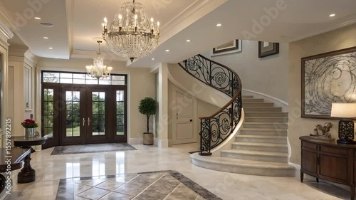 Opulent foyer showcases grand staircase crystal chandeliers and marble flooring design elements abound