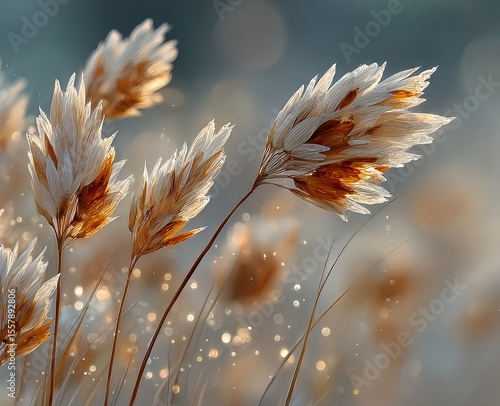 Minimalist sunlit field of tall wild grasses in soft white and gold tones with dreamy light, silk-like textures, and a calm, ethereal atmosphere