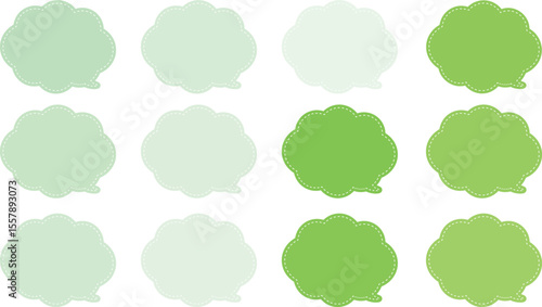 All the bubbles have a distinctive, rounded, cloud-like, or scalloped edge design. This vector image features twelve speech bubbles. Speech bubble with a white dashed line inside.