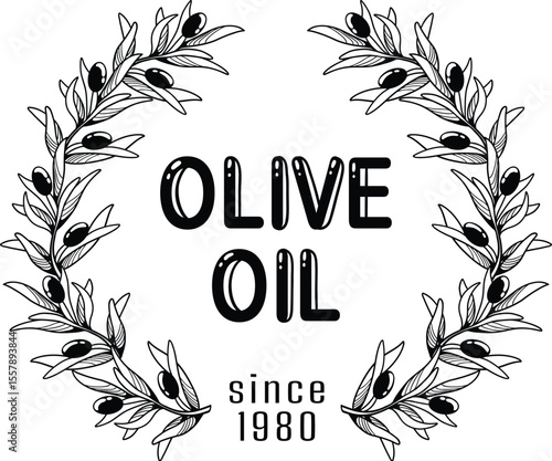Olive oil emblem. Hand drawn label for extra virgin oil or olive contained cosmetic products with sketch tree, branches, leaves and olives isolated vector illustration