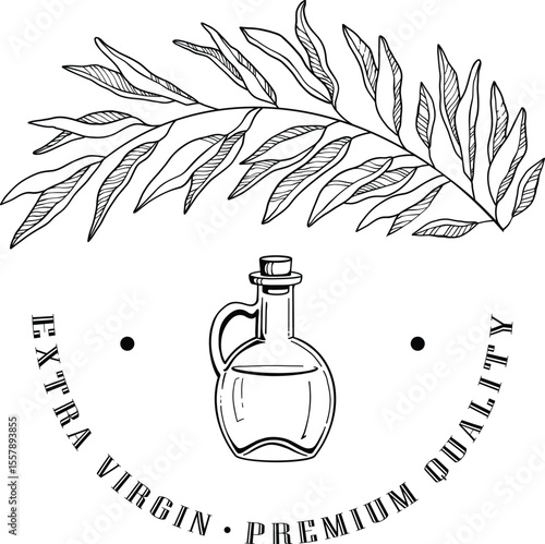 Olive oil emblem. Hand drawn label for extra virgin oil or olive contained cosmetic products with sketch tree, branches, leaves and olives isolated vector illustration