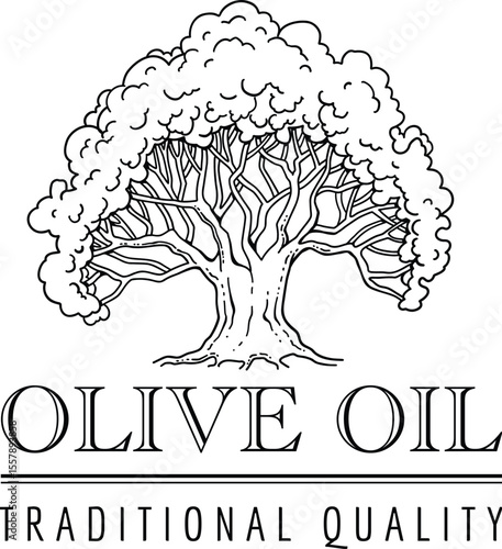 Olive oil emblem. Hand drawn label for extra virgin oil or olive contained cosmetic products with sketch tree, branches, leaves and olives isolated vector illustration