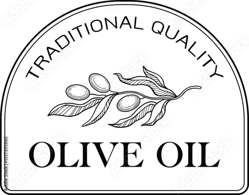 Olive oil emblem. Hand drawn label for extra virgin oil or olive contained cosmetic products with sketch tree, branches, leaves and olives isolated vector illustration