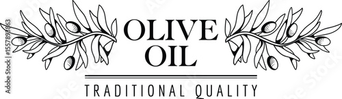 Olive oil emblem. Hand drawn label for extra virgin oil or olive contained cosmetic products with sketch tree, branches, leaves and olives isolated vector illustration