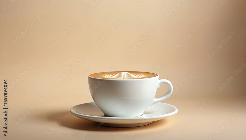 Minimalist latte art leaf design in white cup with saucer. Hot coffee drink, cozy modern aesthetic for cafe, elegant branding projects. Warm tones, smooth creamy beverage inviting, comforting. Minimalist latte art leaf design in white cup with saucer. Hot coffee drink, cozy modern aesthetic for cafe, elegant branding projects. Warm tones, smooth creamy beverage inviting, comforting.