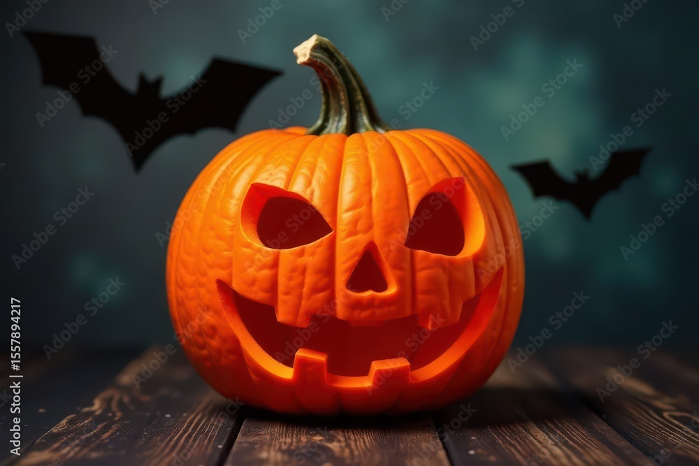 Fototapeta premium A carved pumpkin with bat-shaped cutouts, spooky Halloween decoration , dark, illustration