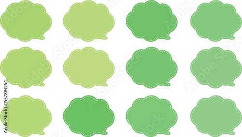 All the bubbles have a distinctive, rounded, cloud-like, or scalloped edge design. This vector image features twelve speech bubbles. Speech bubble with a white dashed line inside.