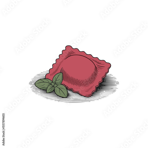 Vintage illustration of a vibrant ravioli with basil.This hand-drawn, vintage-style illustration showcases a single, red ravioli, likely filled, resting on a textured surface.