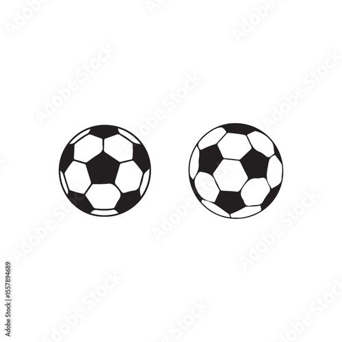 Simple black and white soccer ball graphic design.Two simple, black and white soccer balls are presented against a plain white background.