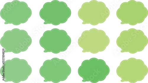 All the bubbles have a distinctive, rounded, cloud-like, or scalloped edge design. This vector image features twelve speech bubbles. Speech bubble with a white dashed line inside.