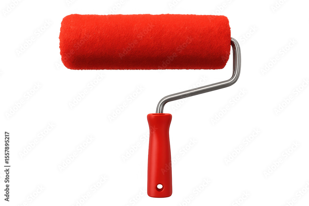 Obraz premium Red paint roller with metal handle isolated on transparent background, ready for painting and home renovation