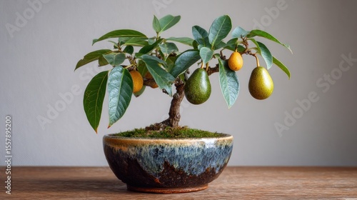 Bonsai tree with fruits in pot