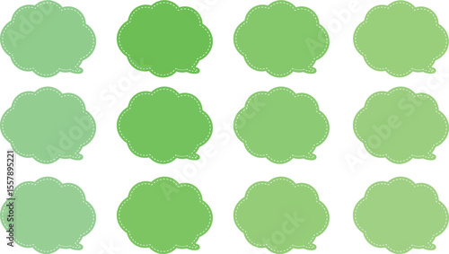 All the bubbles have a distinctive, rounded, cloud-like, or scalloped edge design. This vector image features twelve speech bubbles. Speech bubble with a white dashed line inside.