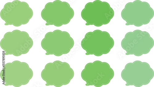 All the bubbles have a distinctive, rounded, cloud-like, or scalloped edge design. This vector image features twelve speech bubbles. Speech bubble with a white dashed line inside.