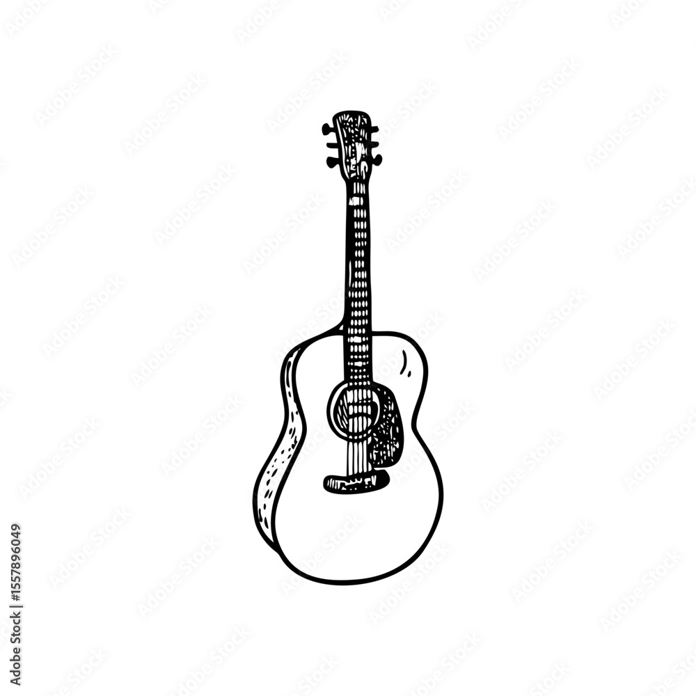 Fototapeta premium Acoustic Guitar Doodle Icon for Music Festival Posters, Indie Band Album Covers, Concert Promotions and Vintage Design Concepts – Hand Drawn Black SVG on Transparent Background