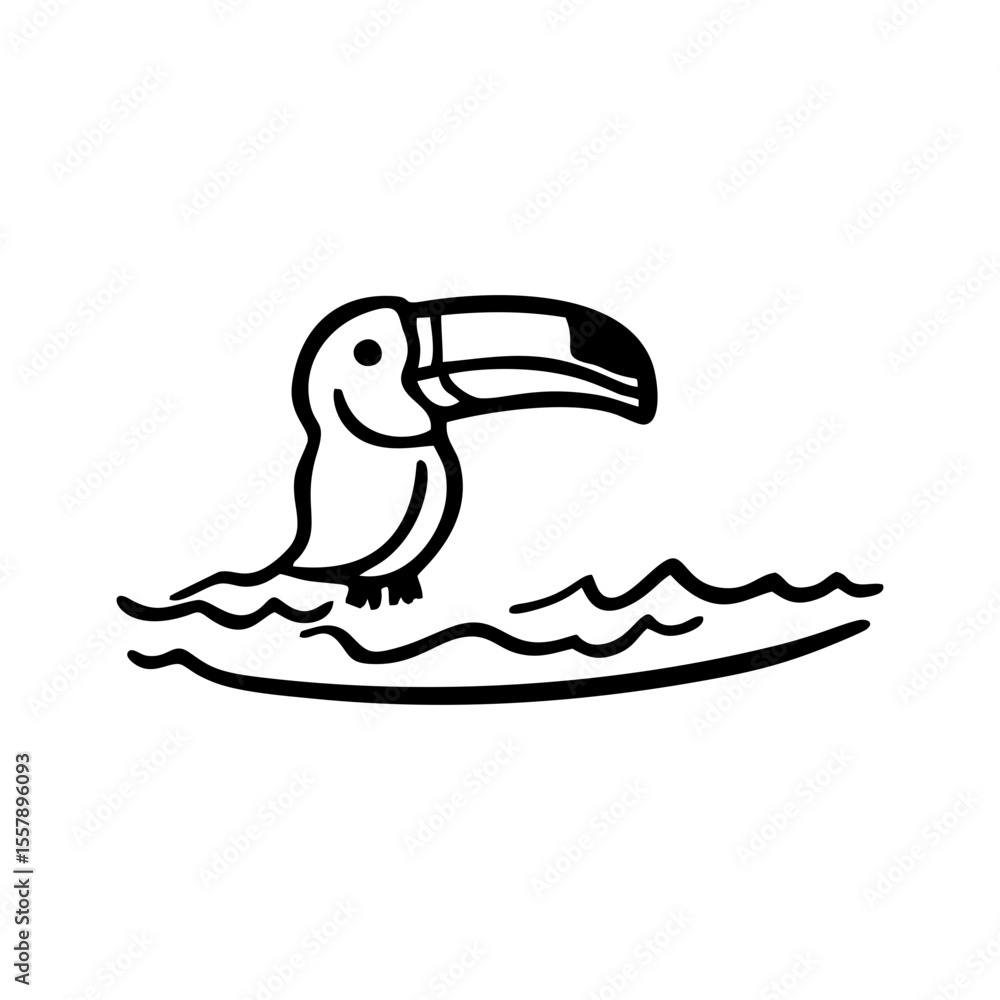 Fototapeta premium Toucan Sitting on Waves in Black Outline Doodle SVG – Exotic Bird Line Art Icon for Jungle Travel Ads, Tropical Designs, Children’s Nature Education Projects and Eco-Themed Content
