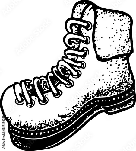 Hiking boot icon with laces in vintage doodle black style