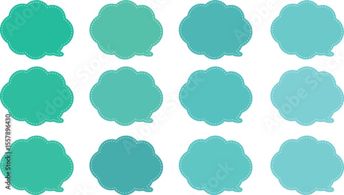 All the bubbles have a distinctive, rounded, cloud-like, or scalloped edge design. This vector image features twelve speech bubbles. Speech bubble with a white dashed line inside.