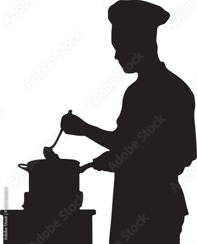 A chef silhouette preparing food in a pot, showcasing culinary skills and professional expertise in the kitchen environment.