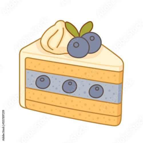 Adorable Blueberry Shortcake Slice Illustration with Whipped Cream and Fruit Filling in Pastel Style