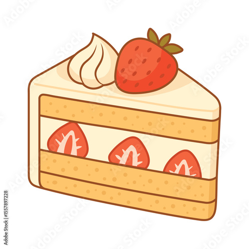 Cute Strawberry Shortcake Slice Illustration with Whipped Cream and Fresh Fruit Layers