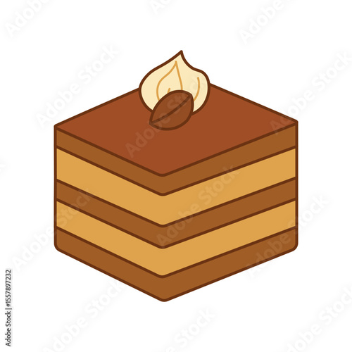 Cute Tiramisu Cake Slice Illustration with Cream Layers and Coffee Bean Topping in Cartoon Style