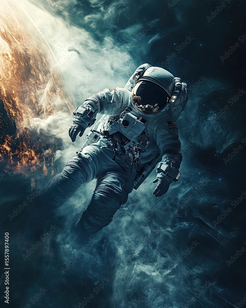 Fototapeta premium Astronaut adrift, cosmic nebula, spacewalk, exploration