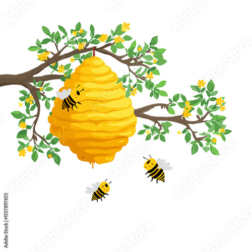Cute cartoon beehive hanging on tree branch with buzzing bees, vector illustration with transparent background