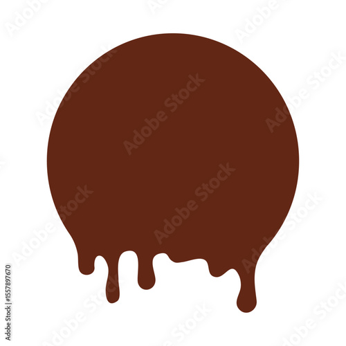 Chocolate melt icon, paint circle drip, chocolate ice cream melt, round liquid caramel splatter isolated on white background. Flow down brown stain border. Simple sweet vector illustration