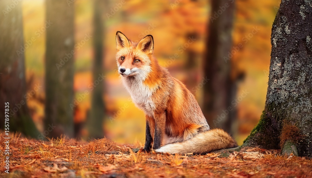 Naklejka premium the fox is sitting in the autumn forest