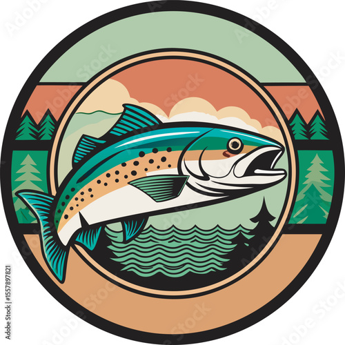 Stylized trout swimming in a mountain river landscape isolated on a white background