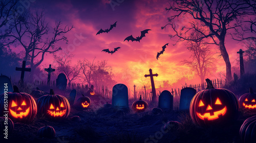 Happy Halloween Text Banner, Halloween cemetery landscape with old house, pumpkins and tombstones, vector background. Halloween holiday trick or treat or party banner with midnight moon and cemetery
