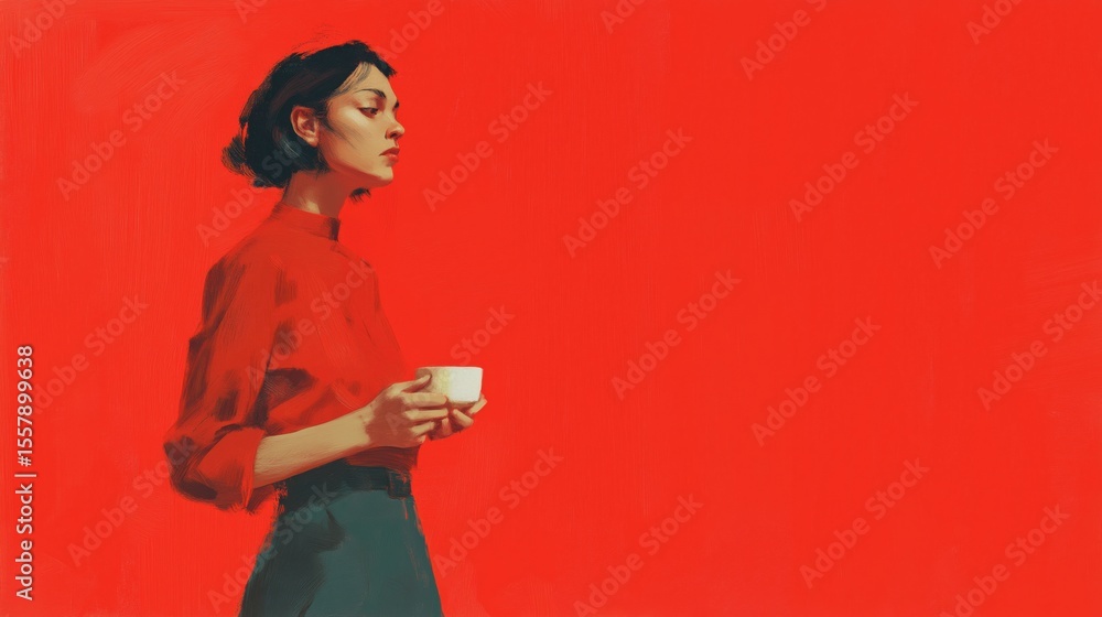 Fototapeta premium Woman in a red shirt holding a cup against a vibrant red background, representing tranquility and contemplation in a modern style, contemporary illustration.
