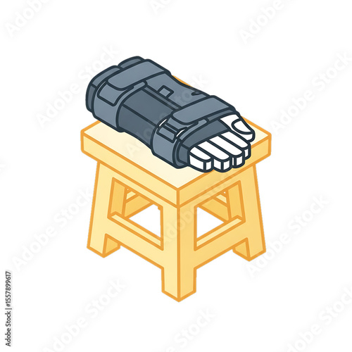 Arm splint brace on a bench for orthopedic rehabilitation.