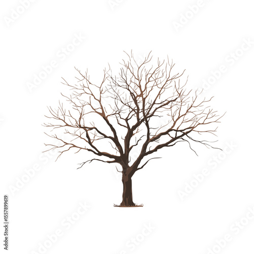 Minimalist brown leafless tree vector illustration on white background, clean 2D digital art in transparent PNG format.