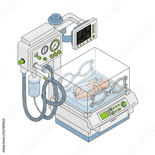 Advanced neonatal incubator with monitoring systems.