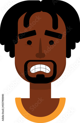 Cartoon black male face showing fear with wide eyes and tense mouth in flat vector style.