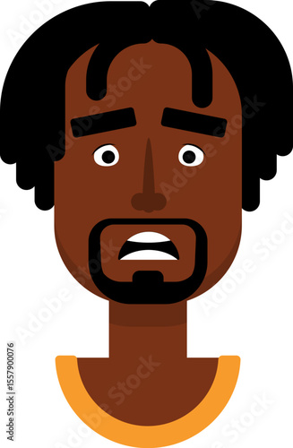 Cartoon black male face showing fear with raised eyebrows and open mouth in flat vector style.