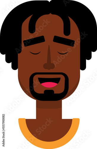 Cartoon black male face showing pride with slight smile and confident eyes in flat vector style.