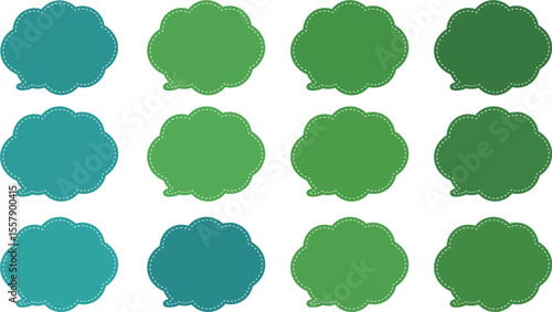 All the bubbles have a distinctive, rounded, cloud-like, or scalloped edge design. This vector image features twelve speech bubbles. Speech bubble with a white dashed line inside.